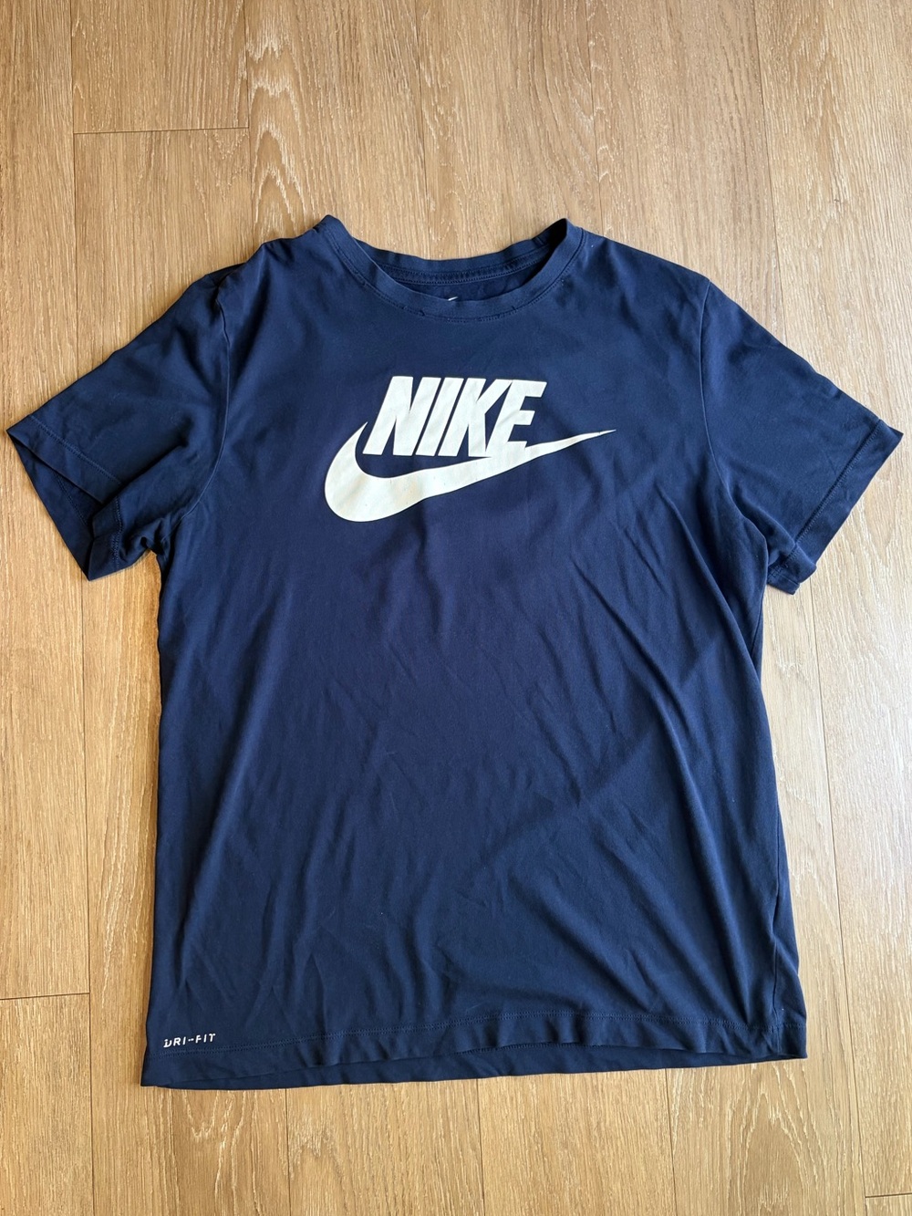 Nike Dri-Fit Navy Blue Cotton Blend Tee with White Nike Swoosh Logo
